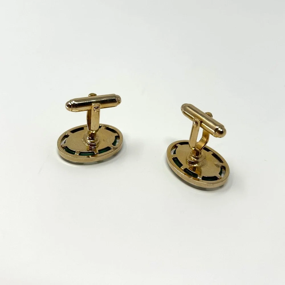 Vintage Gold Tone Green Marbled Semi Precious Oval‎ Cufflinks Mid Century Modern
